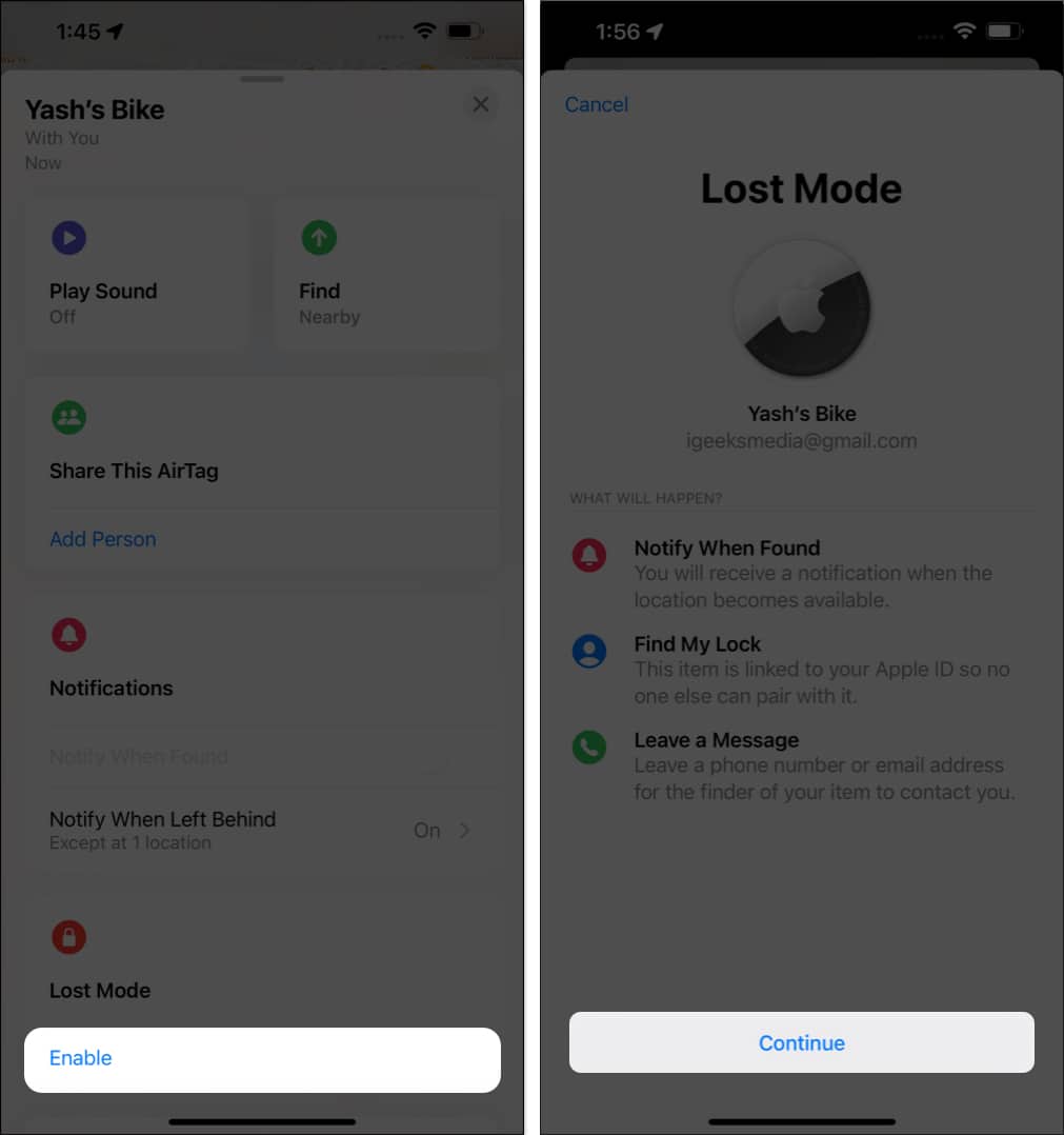 Tap Enable, Continue in Find My