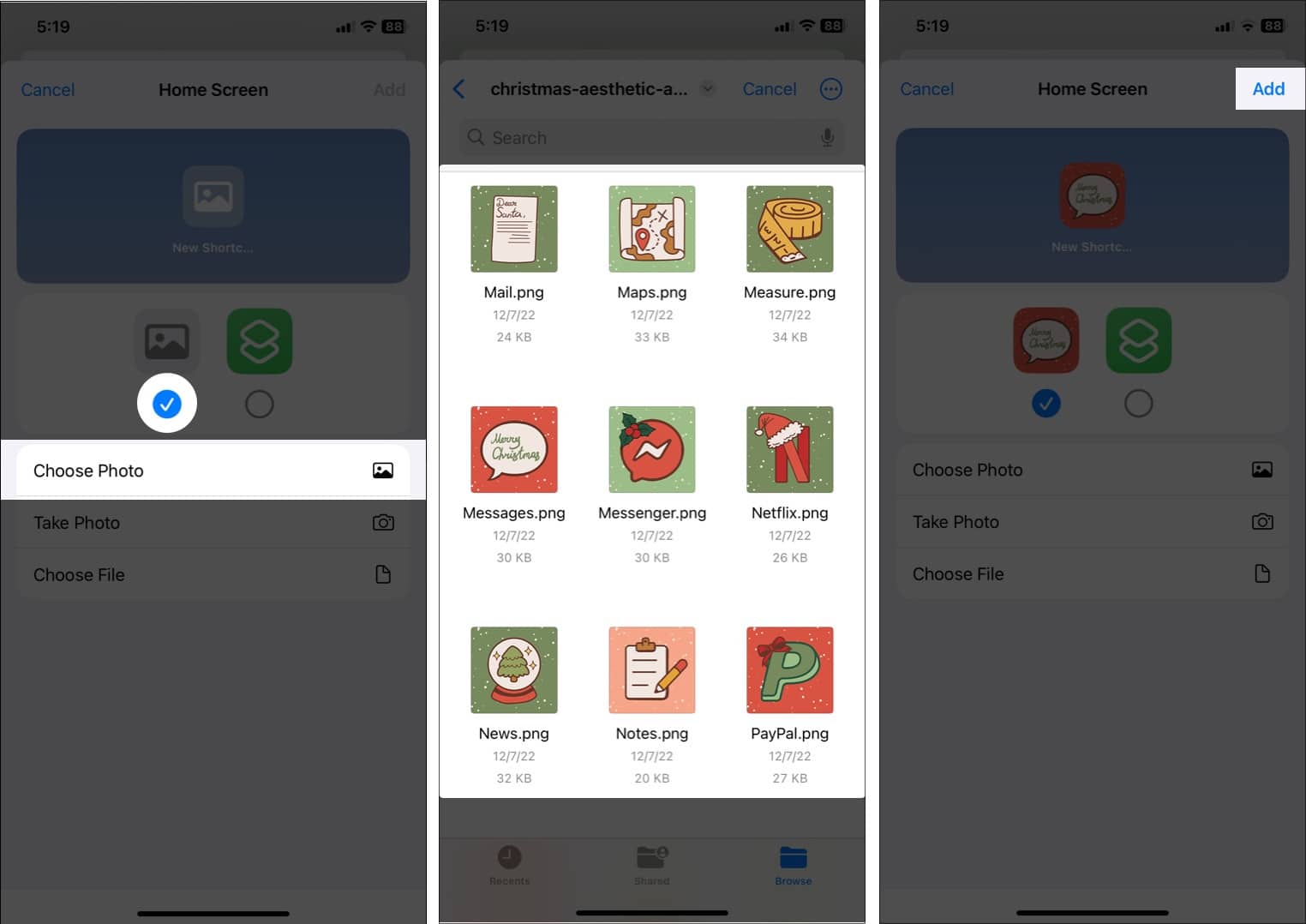 Tap checkmark choose file select app icon and tap Add.