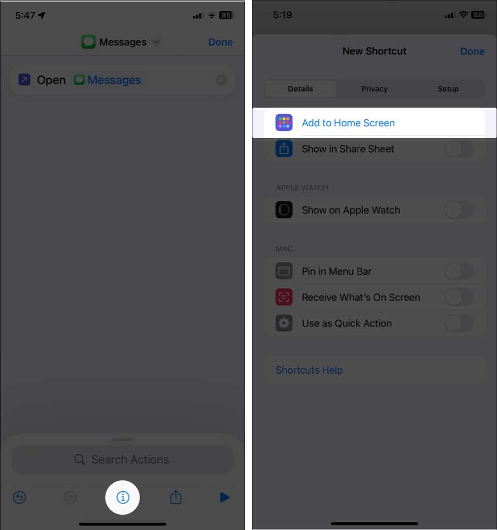 Tap the i icon and select Add to Home Screen.