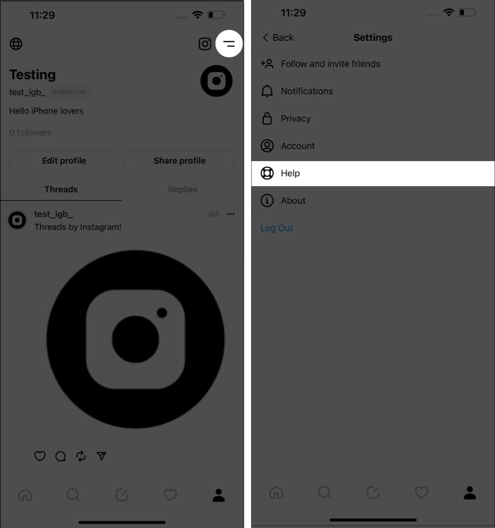 Tap the menu icon, Help in Threads