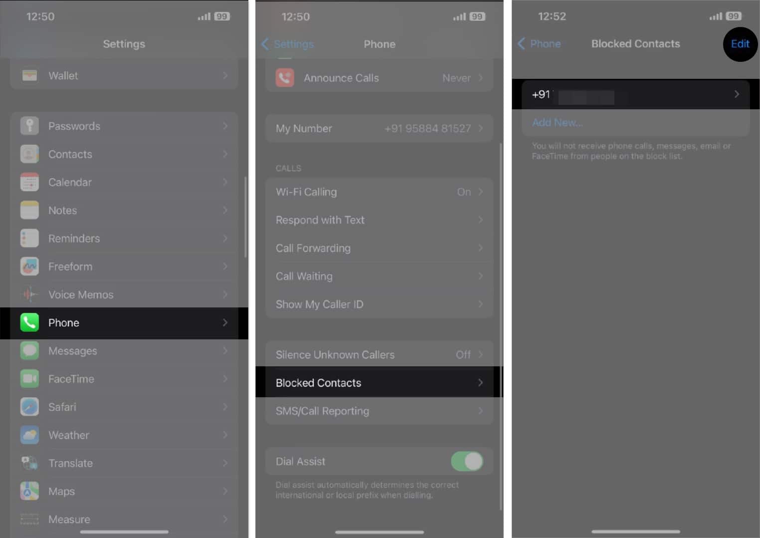 Blocked Contacts page in iPhone Settings app with a list of blocked numbers.