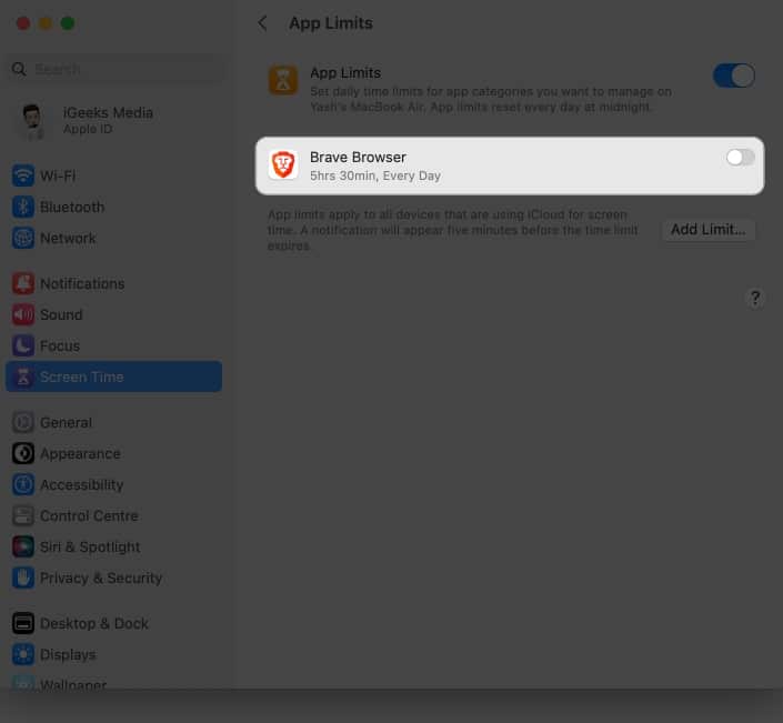 Toggle off the app to disable app limit in screen time in system settings