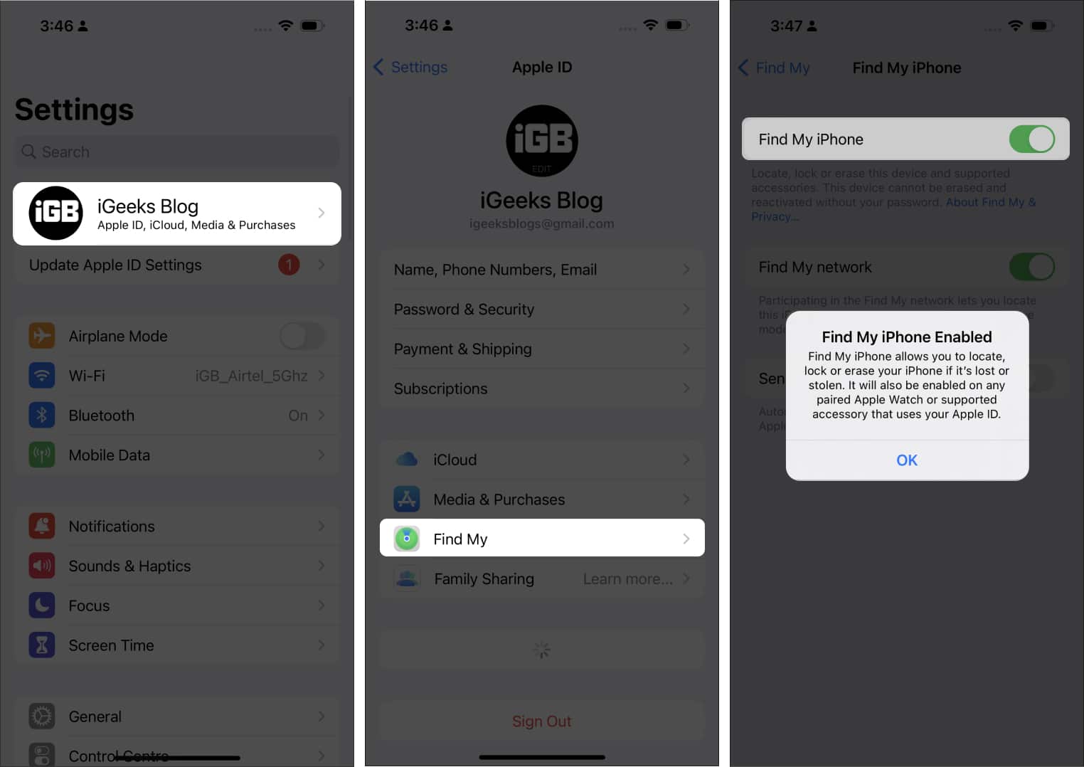 Turning on the Find My iPhone feature in iOS Settings app on an iPhone.
