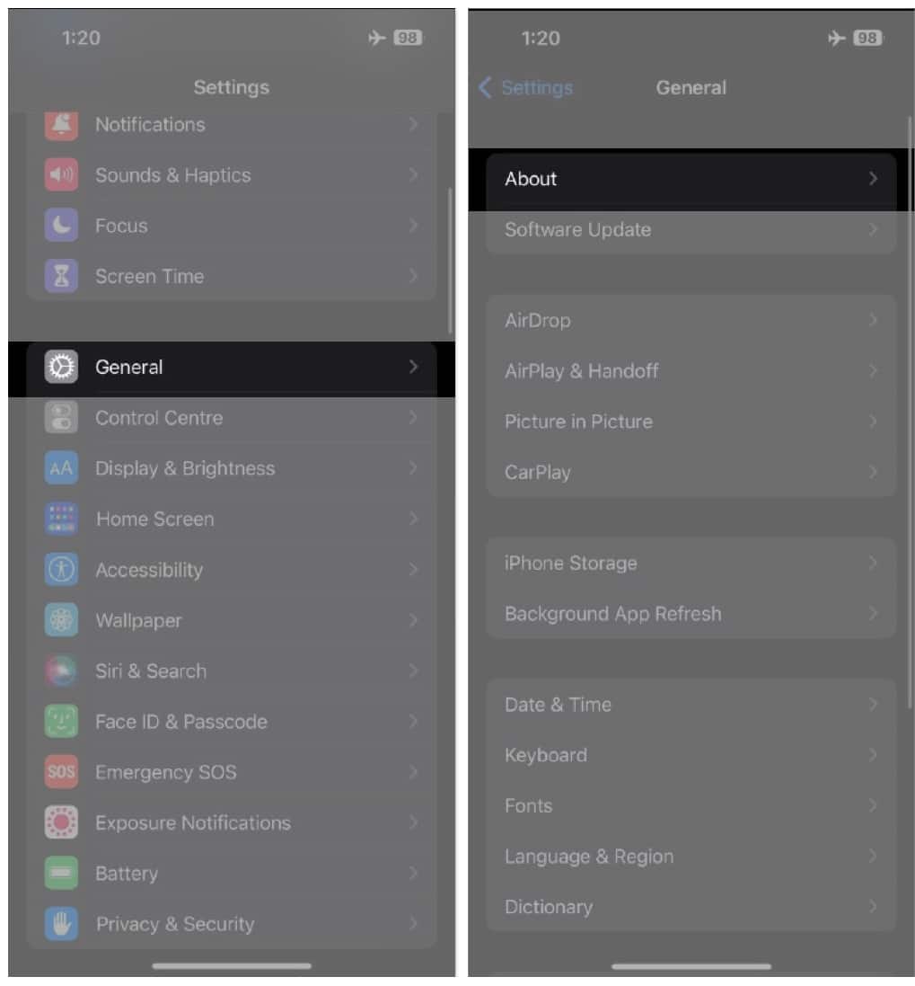About page in iPhone Settings app.