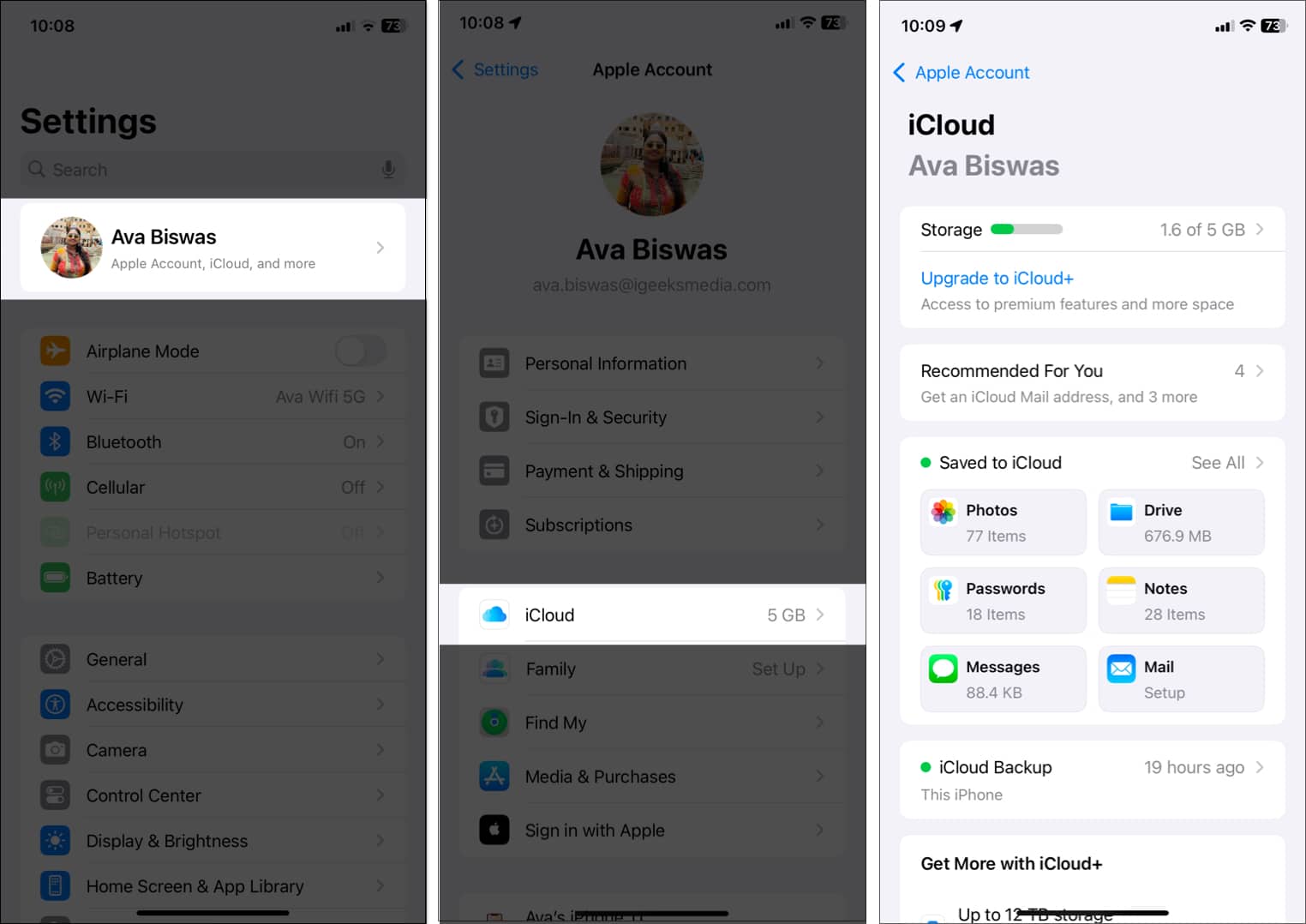 Access iCloud data from iPhone Settings.