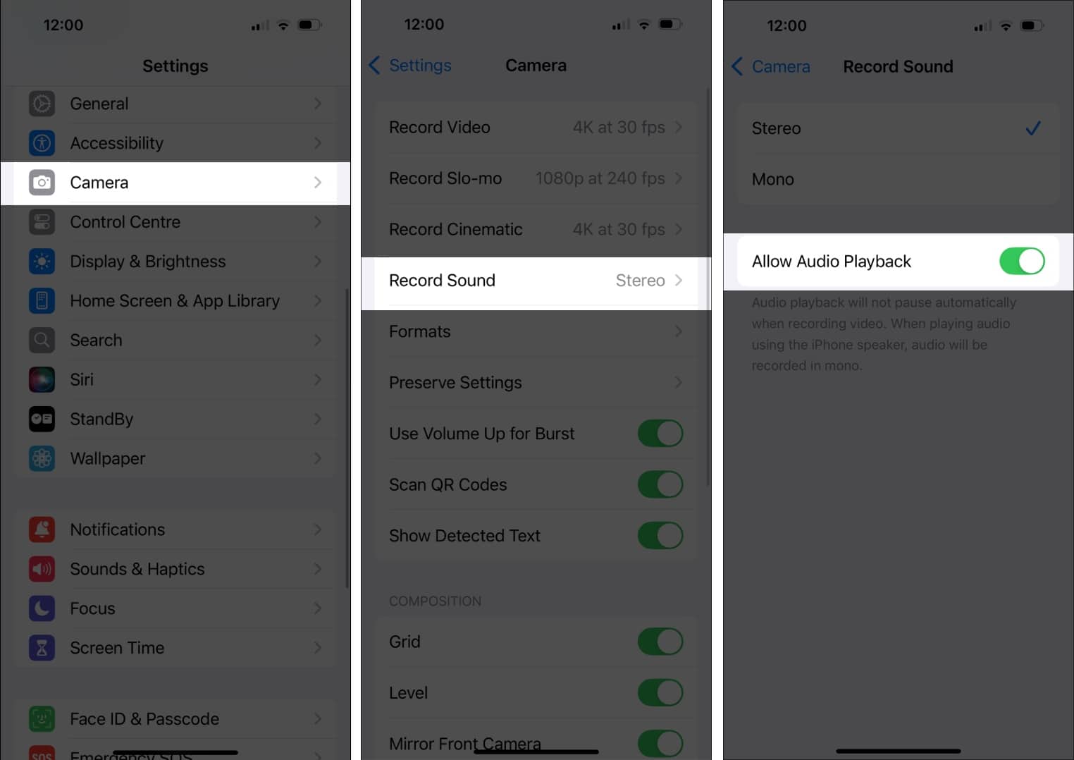 Enable audio playback in iPhone Camera settings.