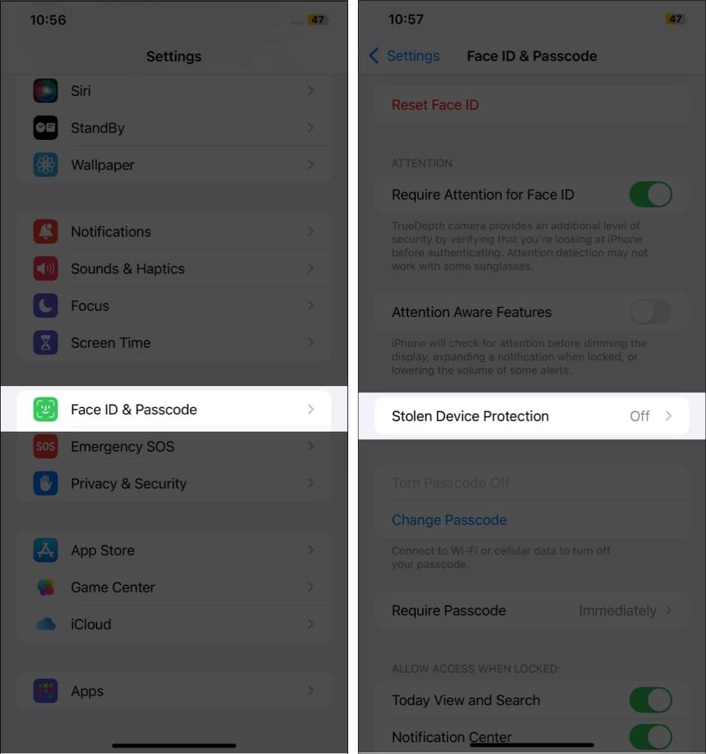 Tap Stolen Device Protection in iPhone Settings.