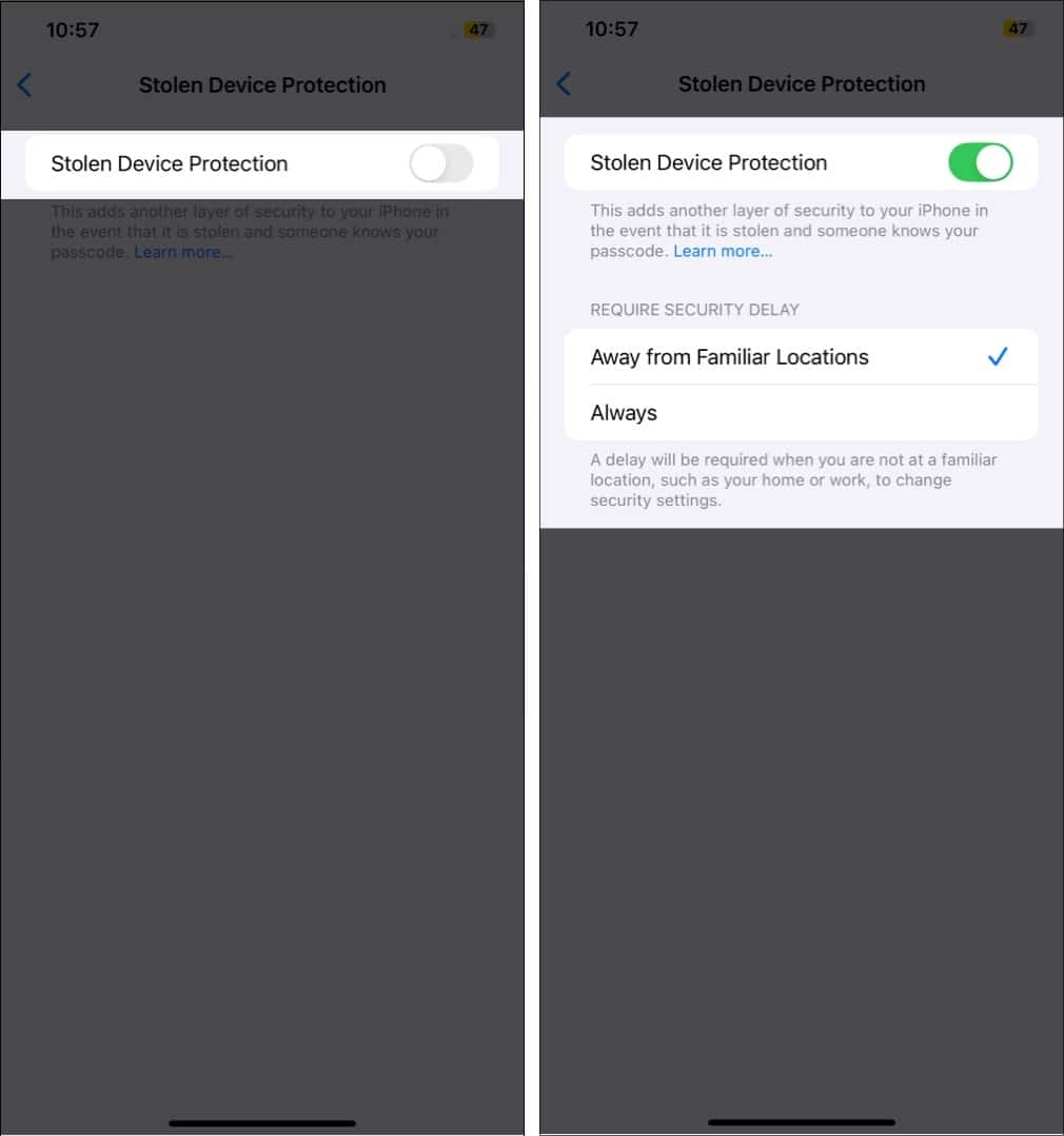 Turning on the Stolen Device Protection feature on an iPhone.
