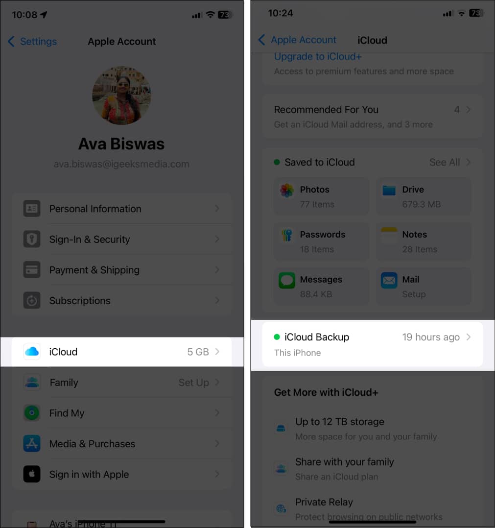 View iCloud Backup in iCloud Settings on iPhone.