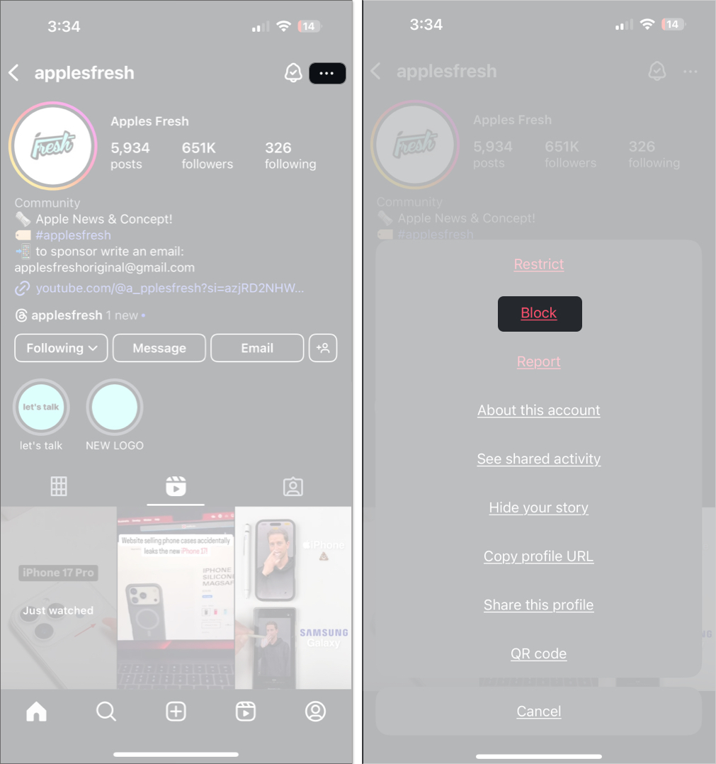 Block someone profile on instagram settings