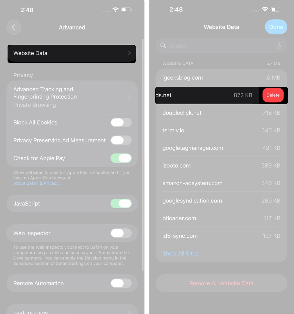 Clear data for a single website