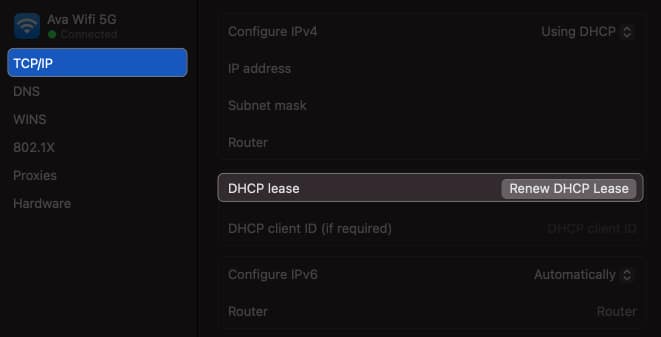 click tcp/ip, select renew dhcp lease in wi-fi settings