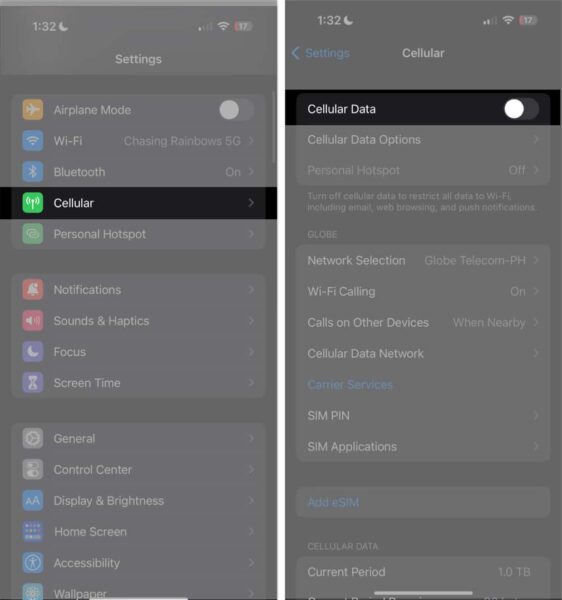 How to fix iphone stuck in emergency sos mode igeeksblog Tap cellular toggle of cellular data in settings