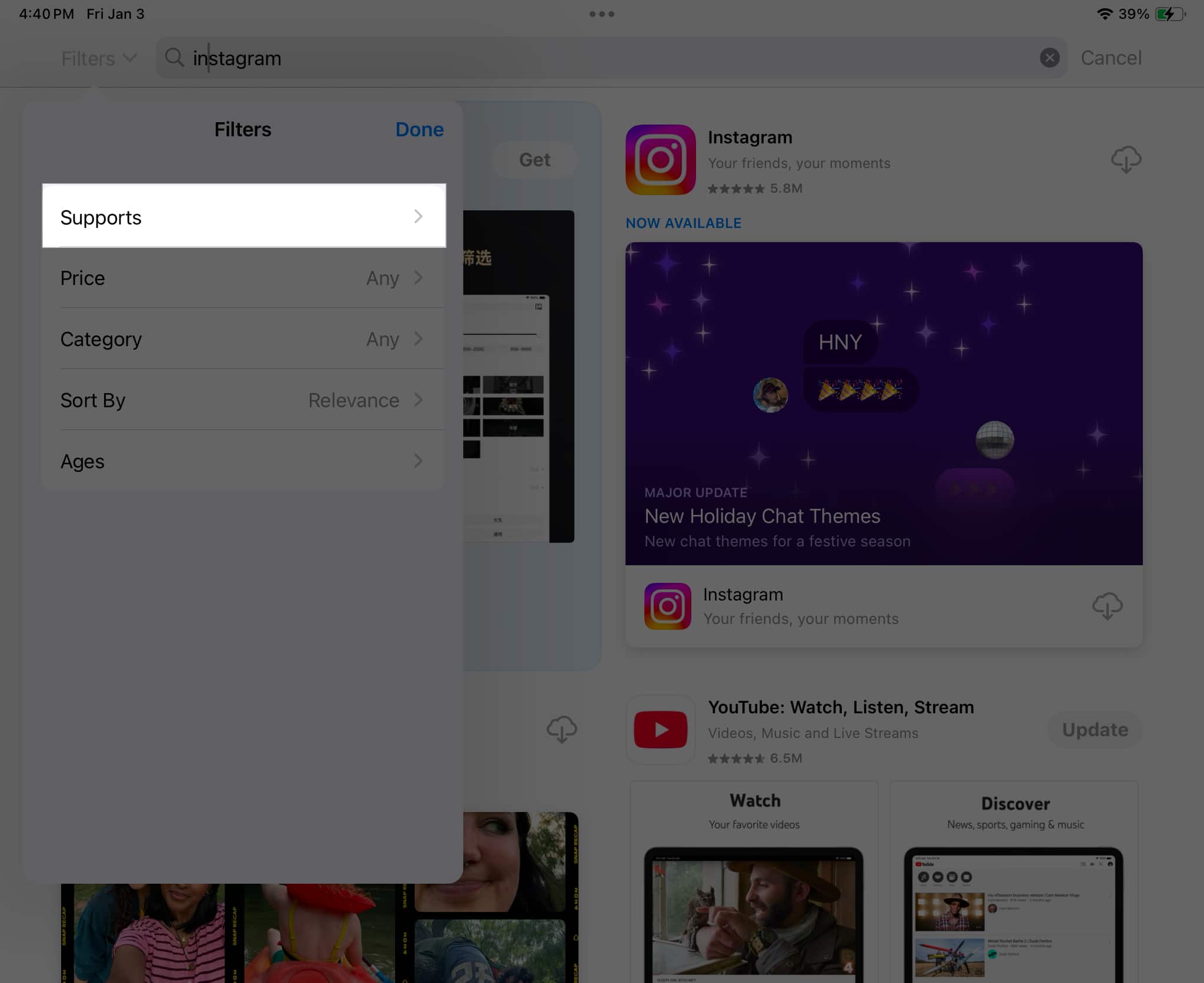 Tap on Supports from the drop down menu in app store on iPad.