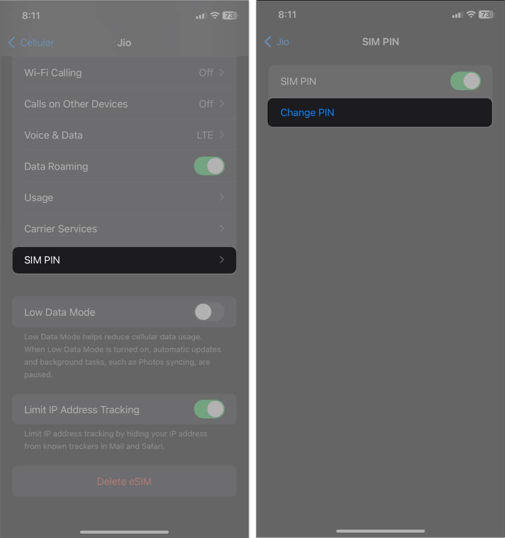 tap sim pin, change pin in cellular settings