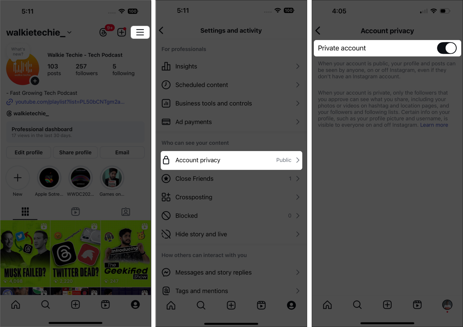 Toggle on private account from instagram settings