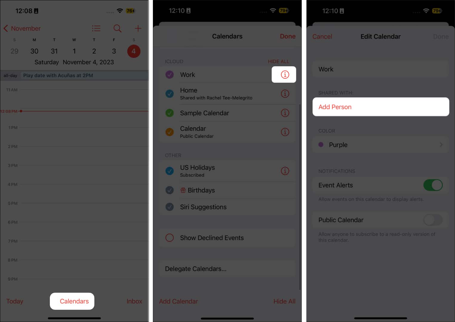 Tap Calendars, tap the Info button and Select Add Person
