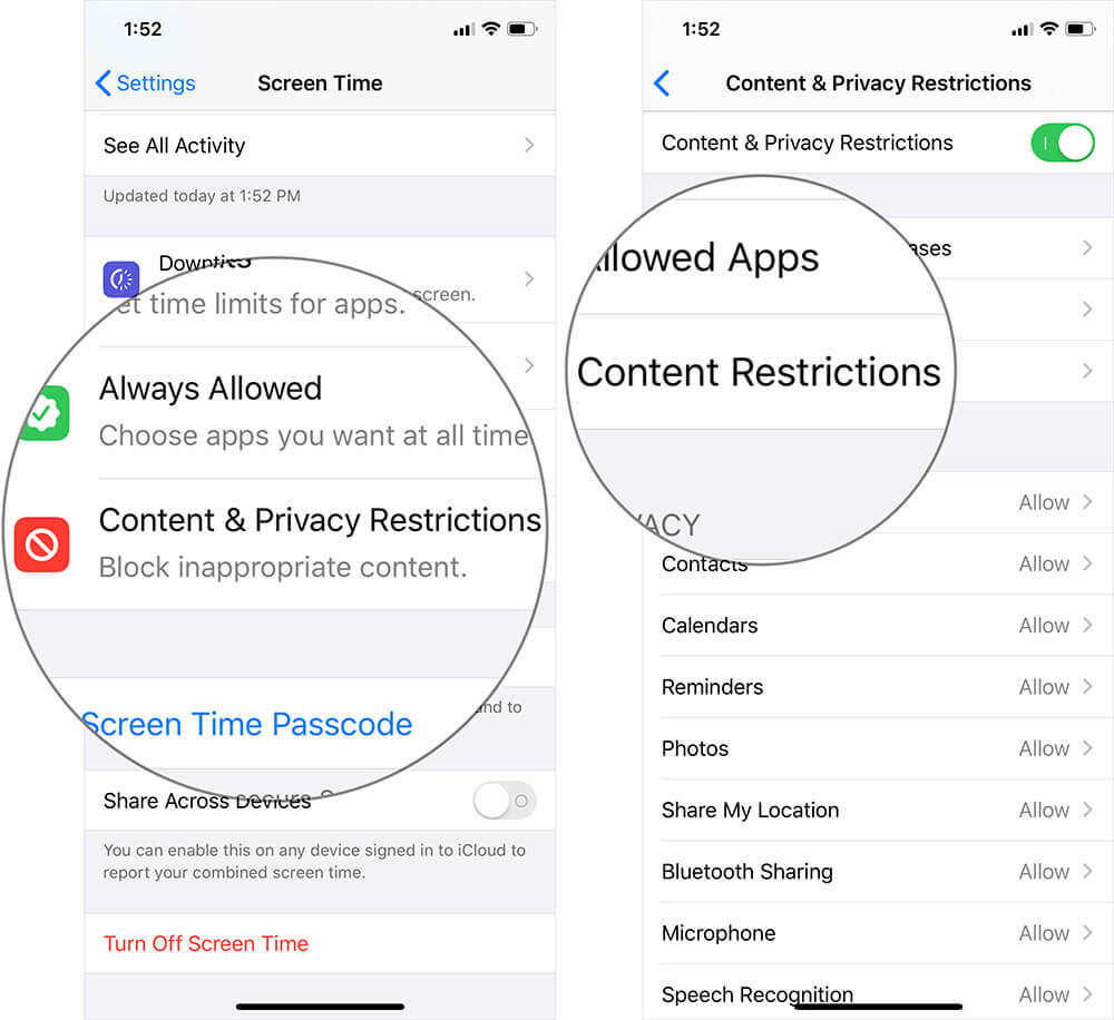 Tap on content restrictions in screen time settings on iphone or ipad