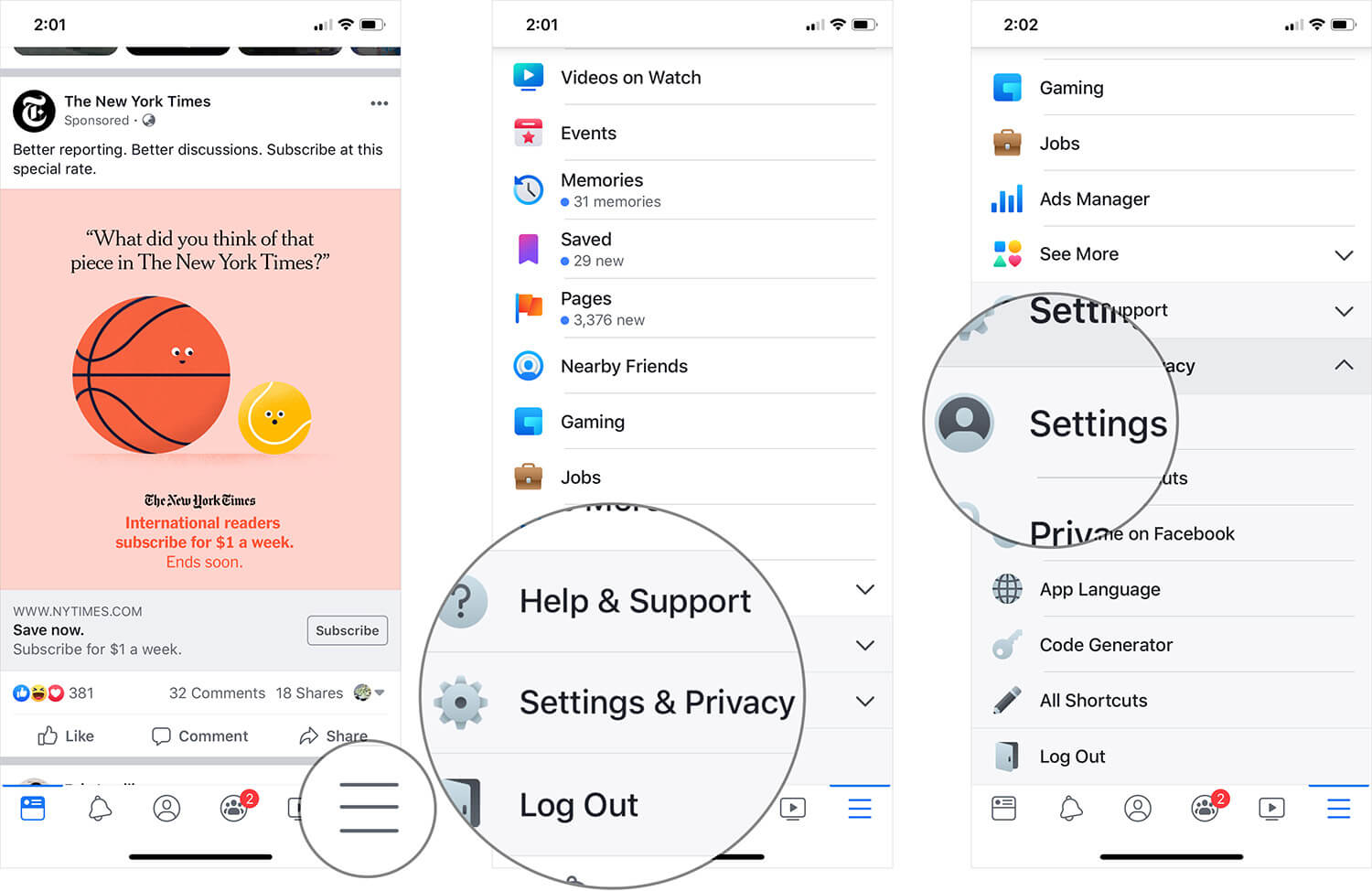 Tap on more then settings in facebook on iphone or ipad