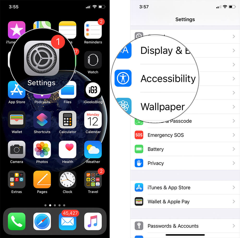 Tap on settings then accessibility on iphone or ipad