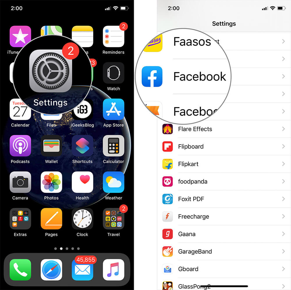 Tap on settings then facebook on iphone or ipad