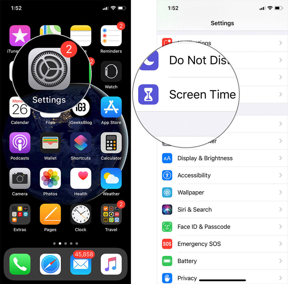 Tap on settings then screen time on iphone or ipad