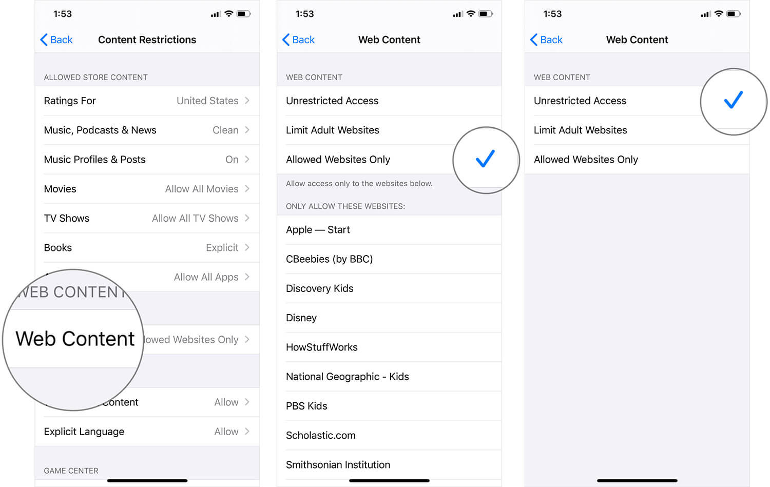 Tap on web content and select unrestricted access