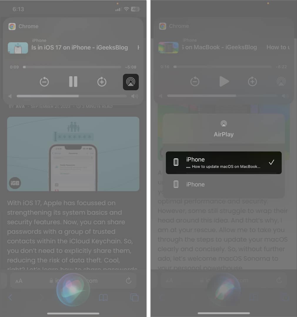 tap airplay, select device in safari