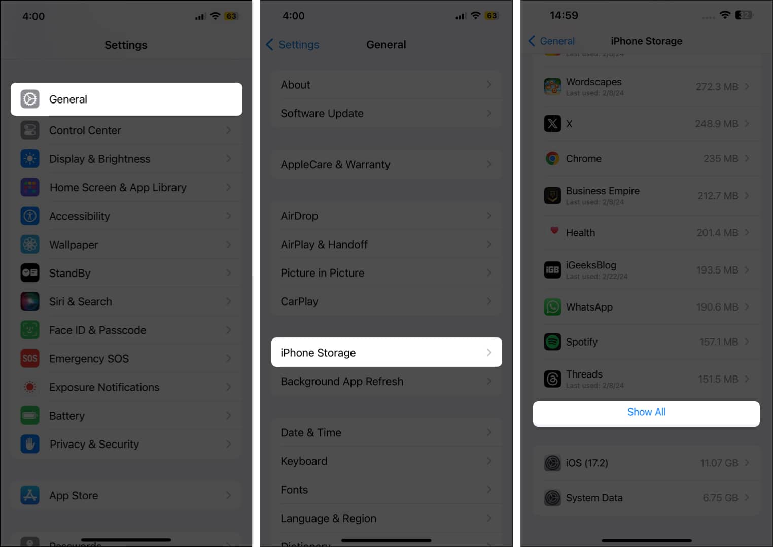 Go to General, iPhone Storage and tap Show All