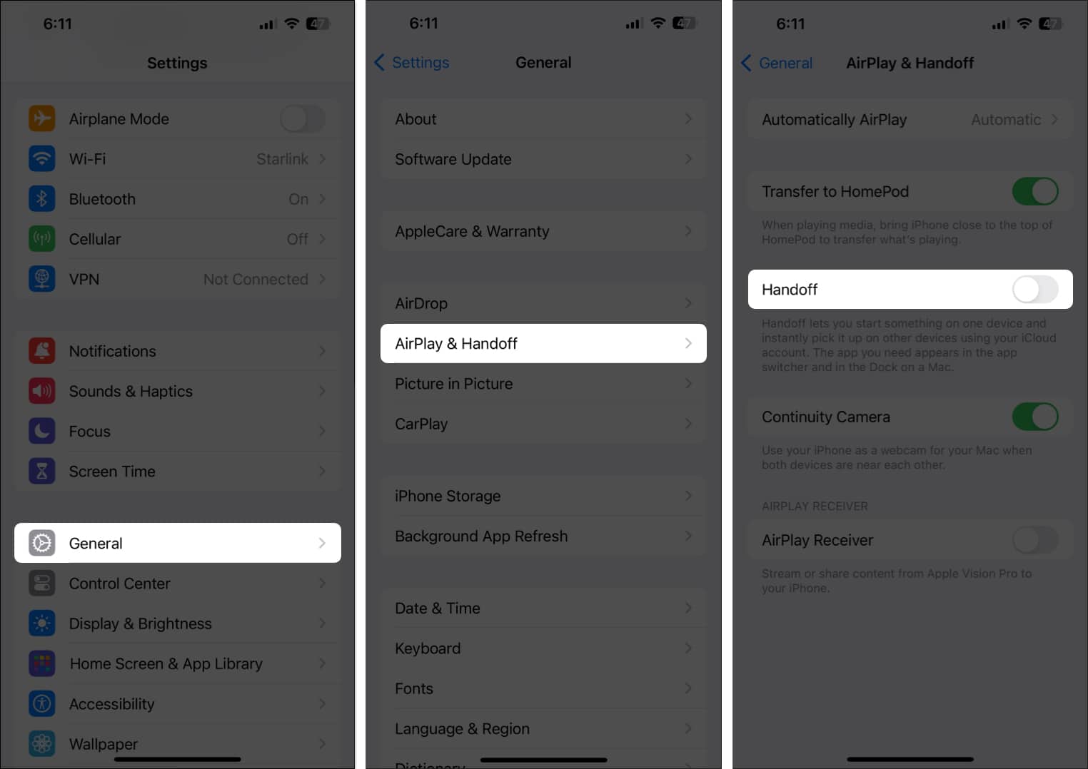 Go to General, select AirPlay and Handoff and toggle on Handoff on your iPhone