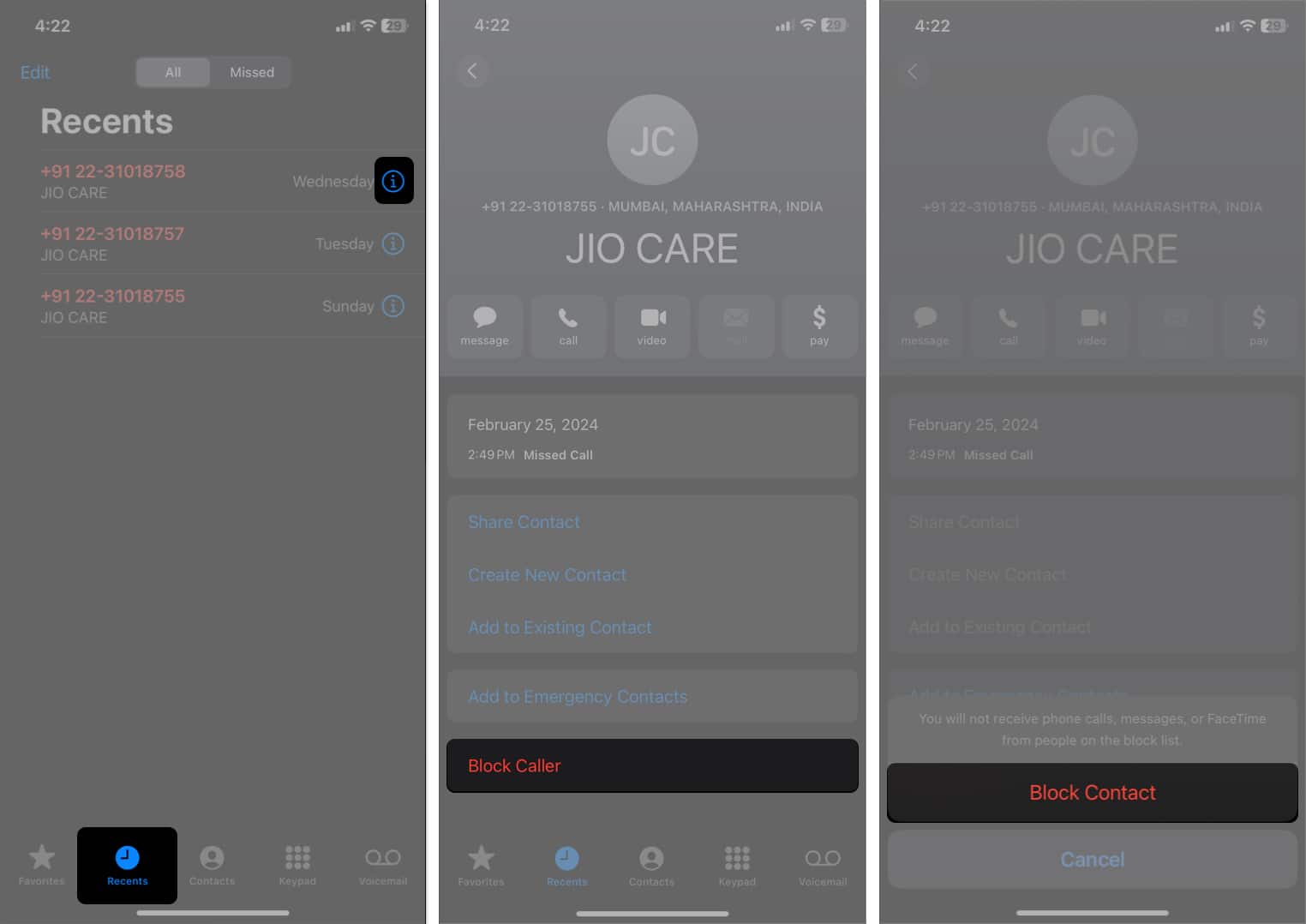 Go to Recents tab, select Block Caller and tap Block Contact