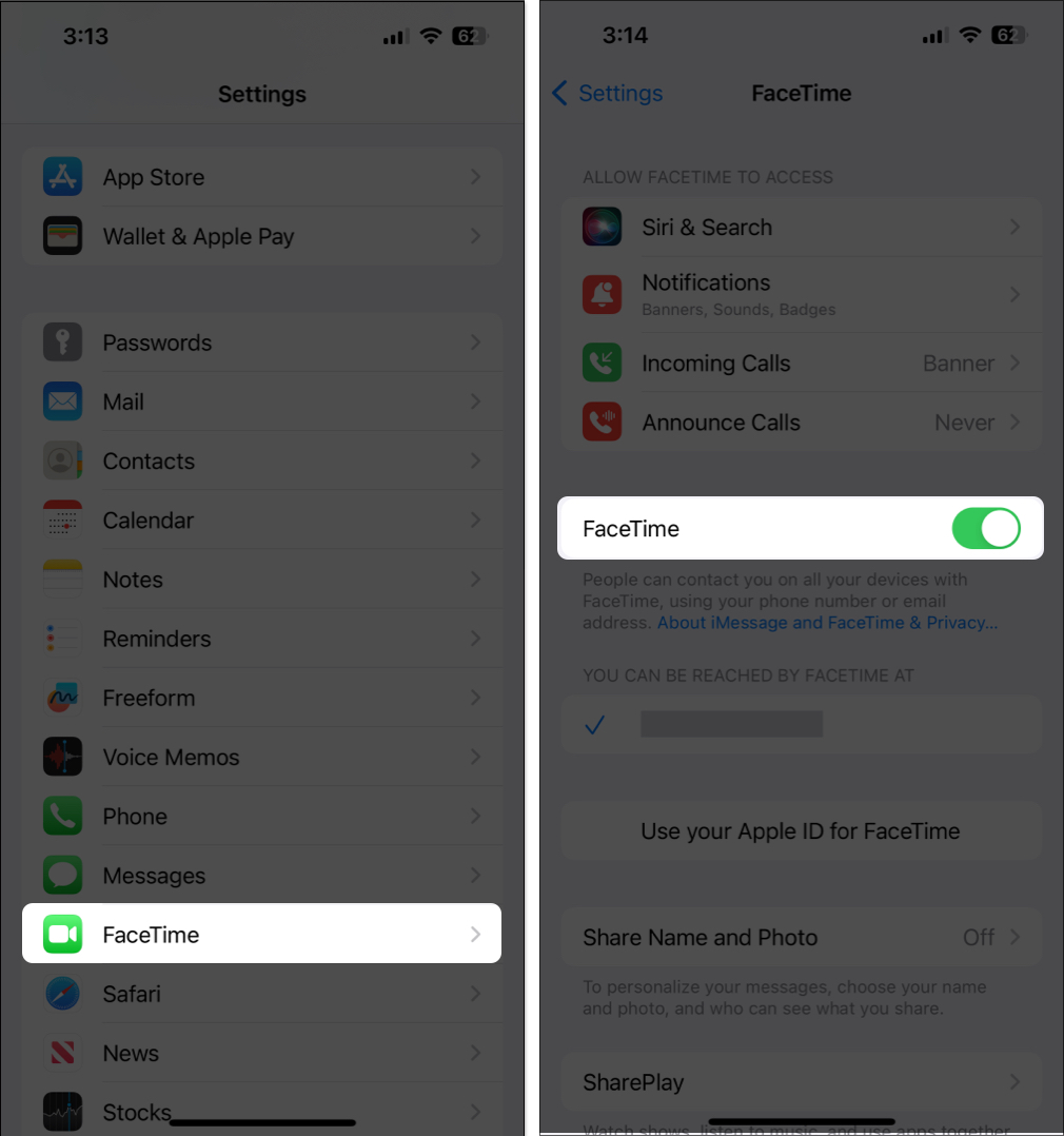 Open settings tap on facetime and turn on facetime Open Settings, Tap on FaceTime, and Turn on FaceTime