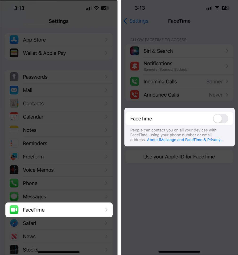 Open settings tap on facetime and turn off facetime Open Settings, Tap on FaceTime, and turn off FaceTime