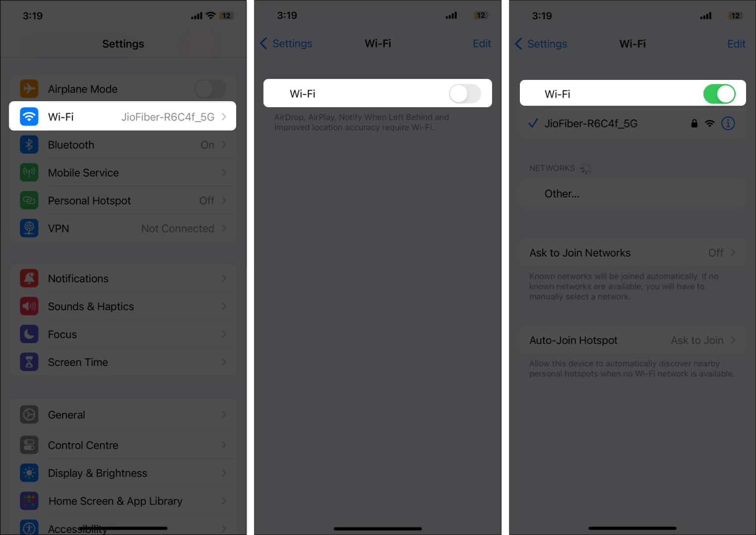 Toggle Wi-Fi off and on again on iPhone