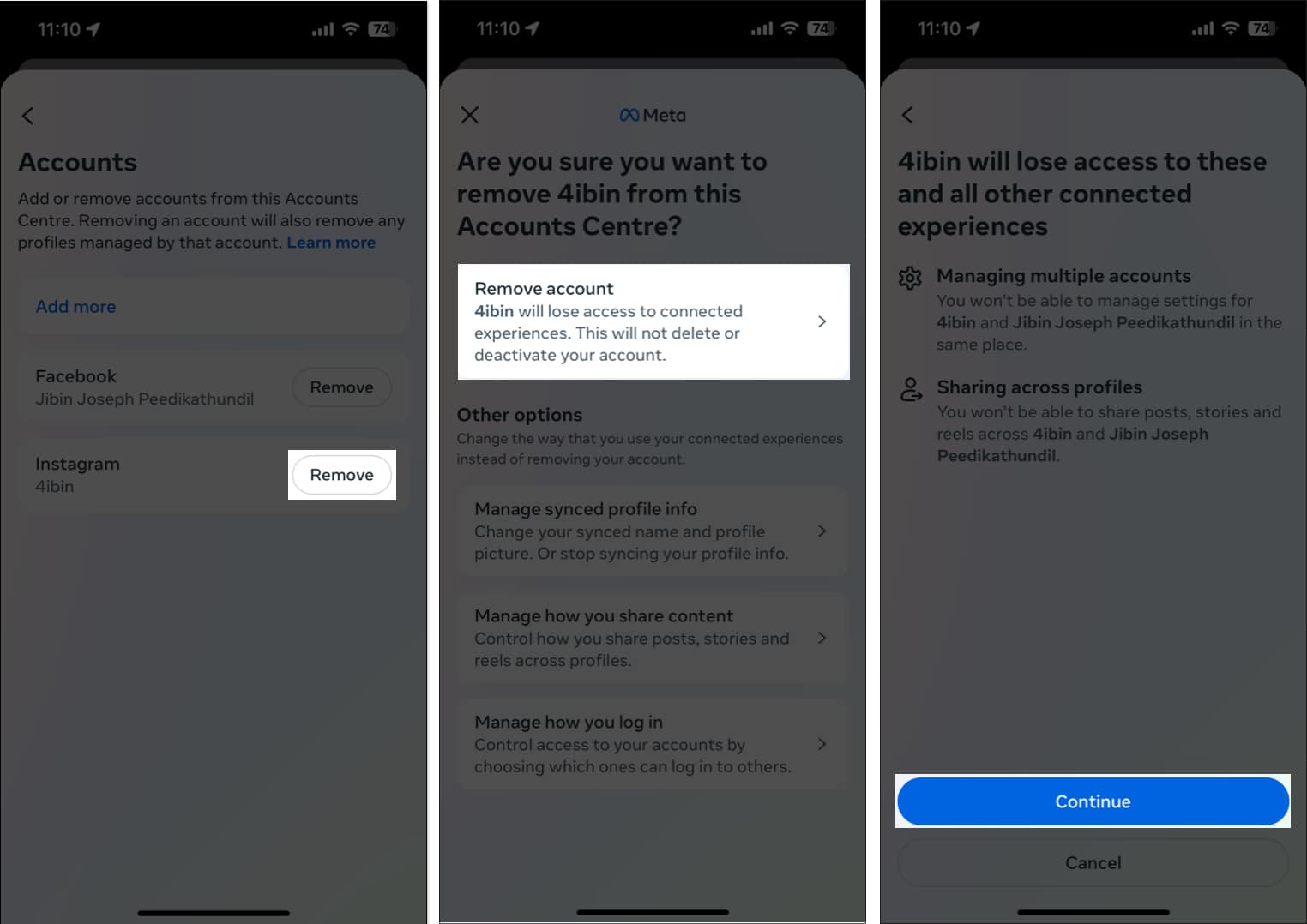 Continue to Remove Instagram account from Facebook