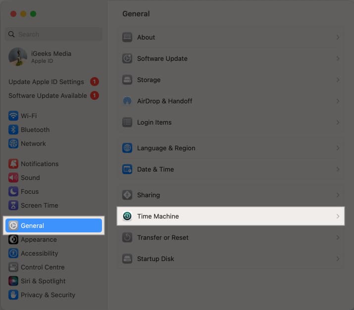Go to Settings, General, select Time Machine
