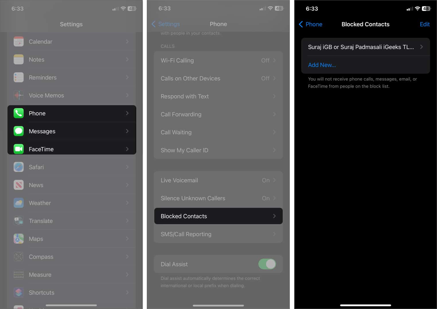Select app, tap blocked contacts, see blocked contacts