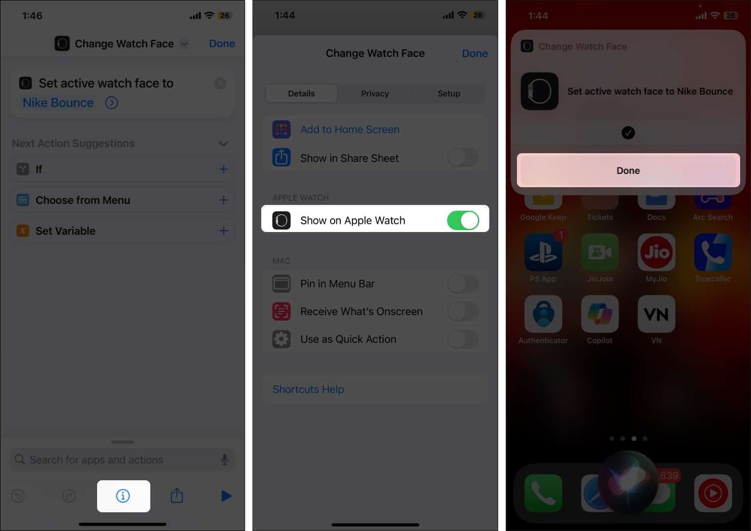 Select info icon, toggle on Show on Apple Watch, tap Done