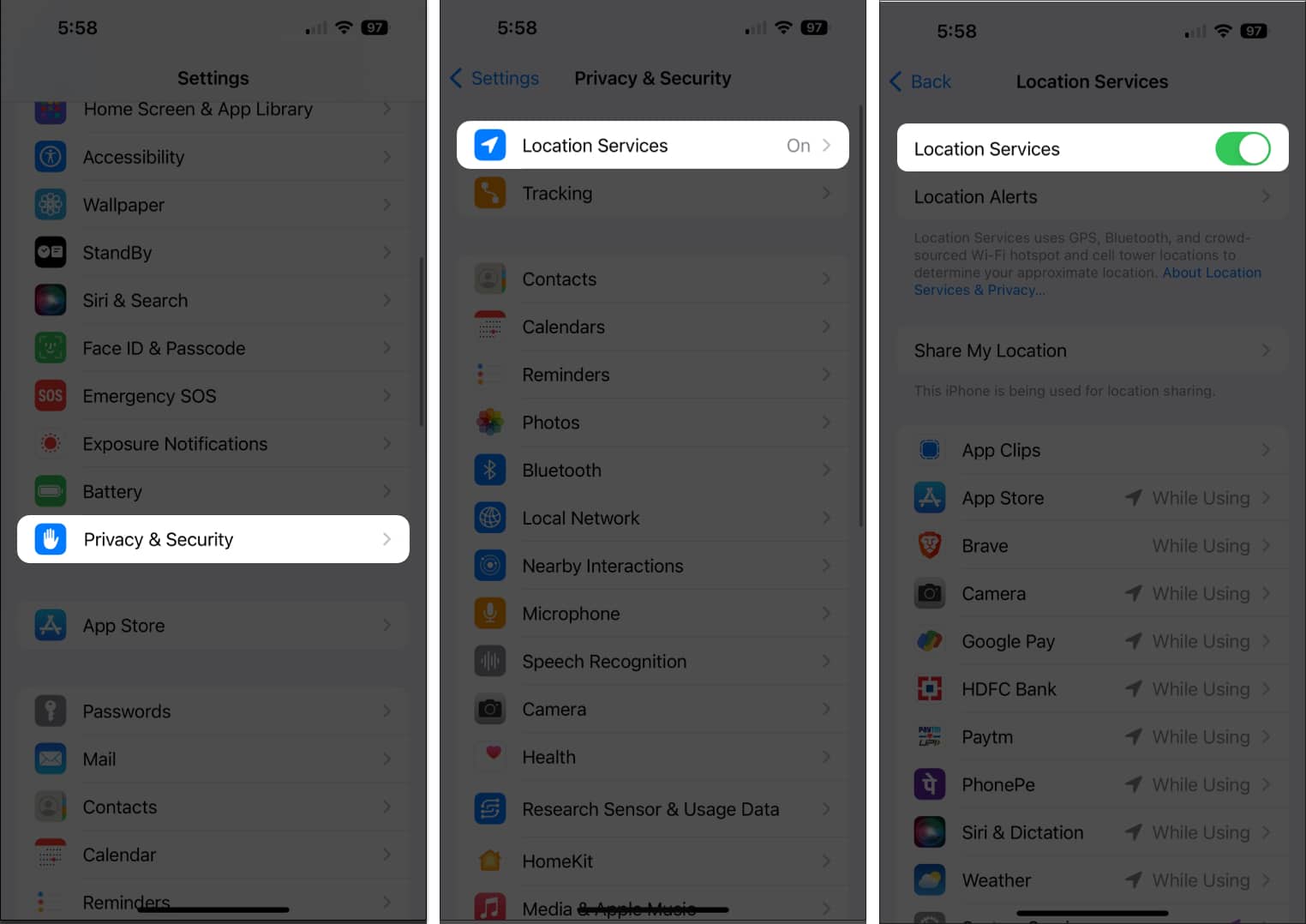 Enabling Location Services on an iPhone.