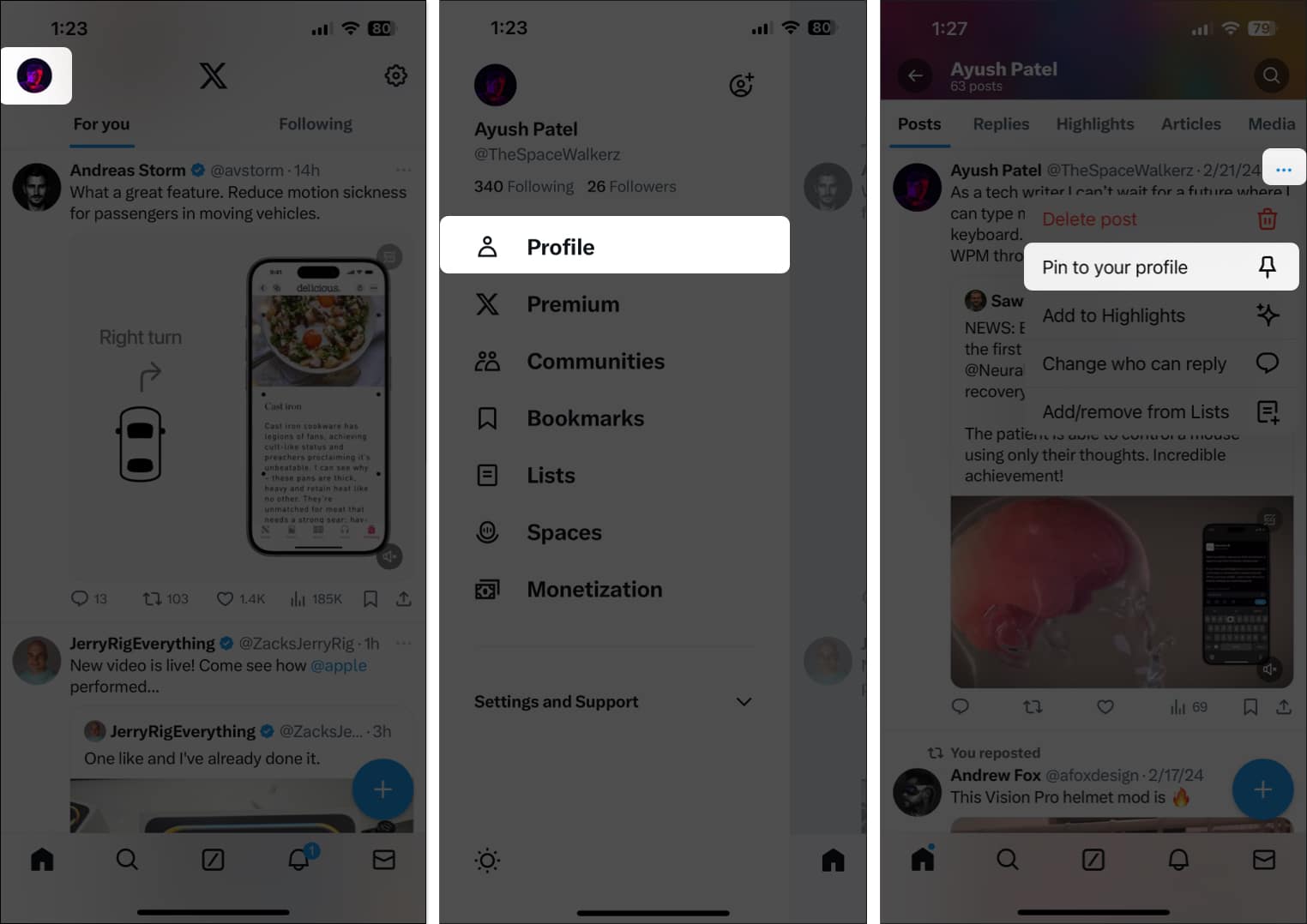 Tap profile picture select Profile tap three dots select Pin to your profile