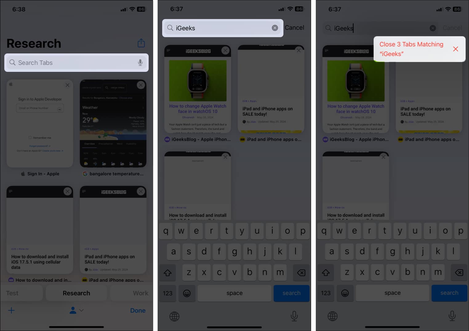Tap search bar, write desired work, tap close tabs matching to close all similar tabs in Safari