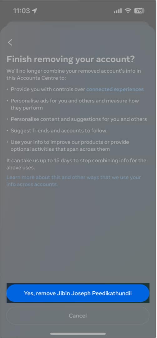 Yes to remove account Facebook account from Instagram