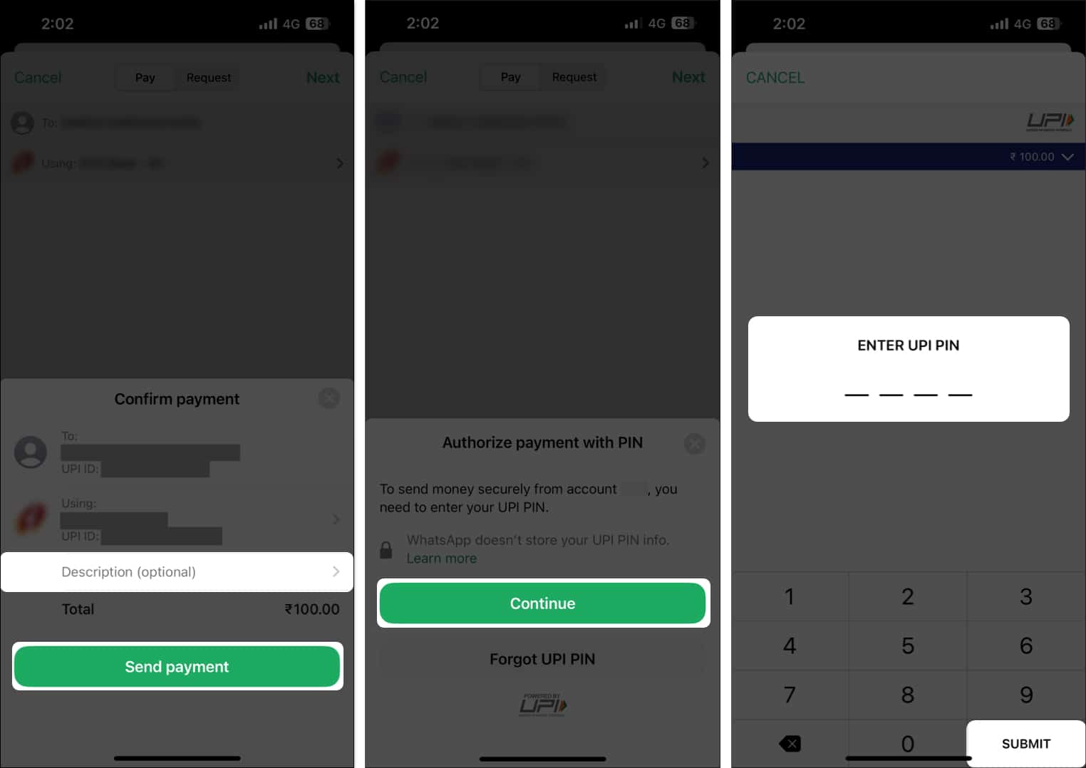 Entering UPI PIN to complete sending payment from WhatsApp on iPhone.