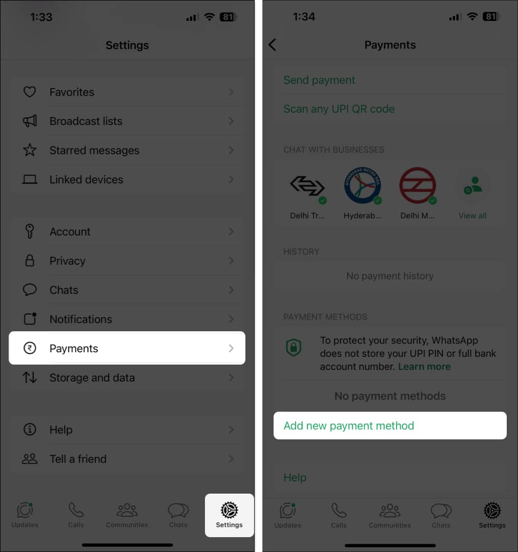 Adding a new payment method in WhatsApp Payments on an iPhone.