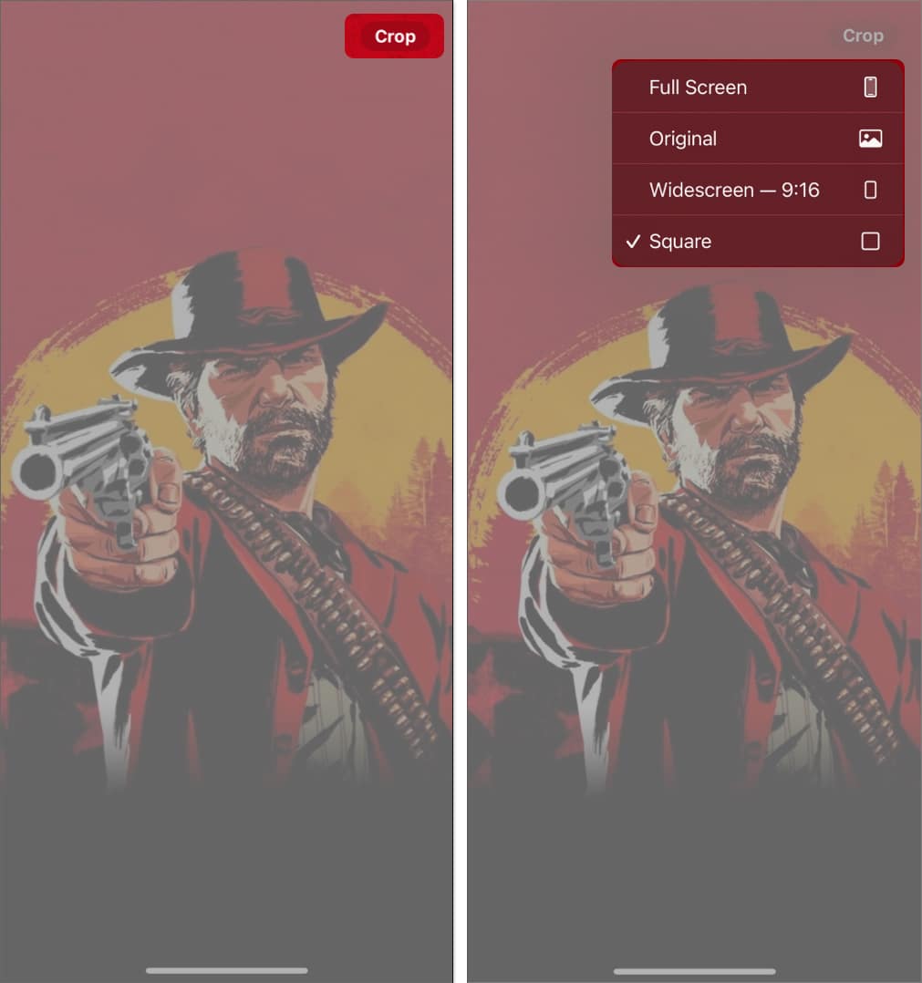 Long press crop icon, select among four available aspect ratio options