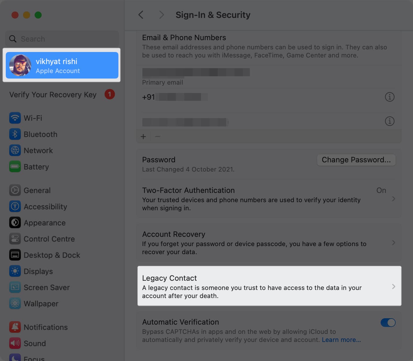 Legacy Contact option in the System Settings app on a Mac.
