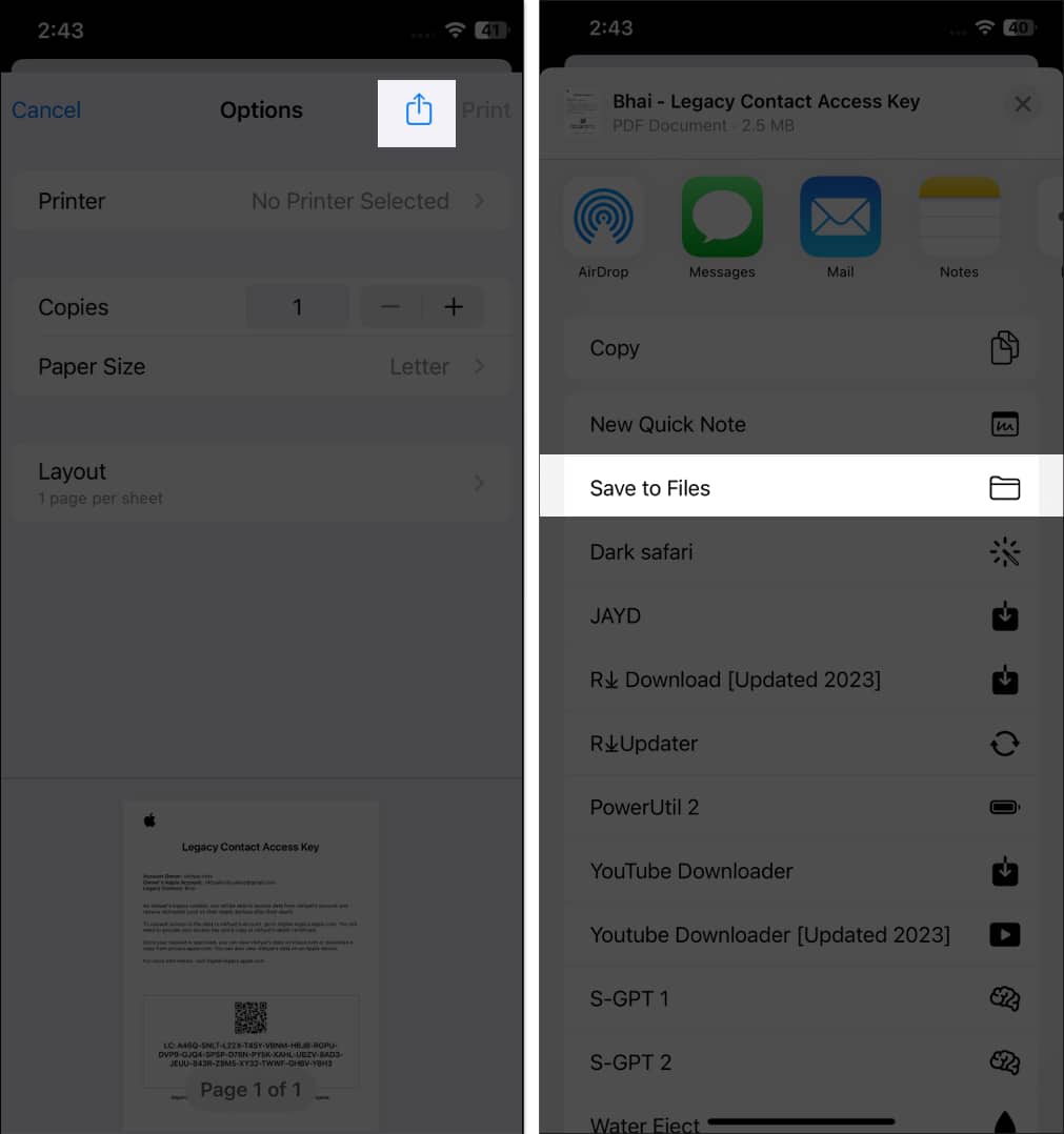 iOS Share Sheet with the options to save and share Legacy Contact access key on an iPhone.