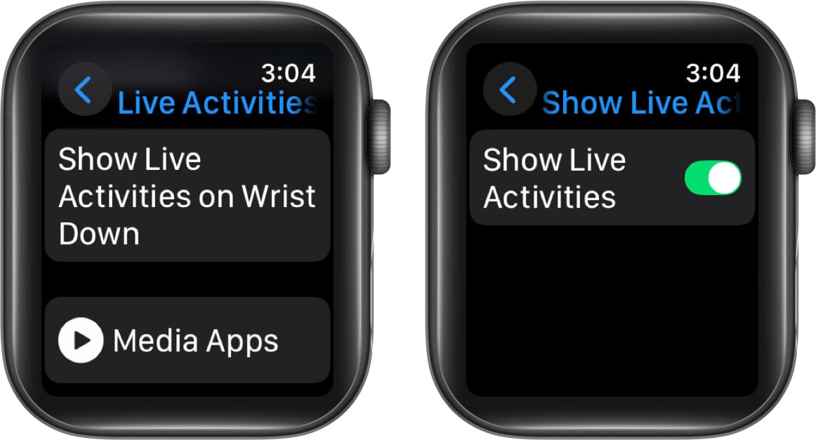 Turning on the Show Live Activities feature on the Apple Watch