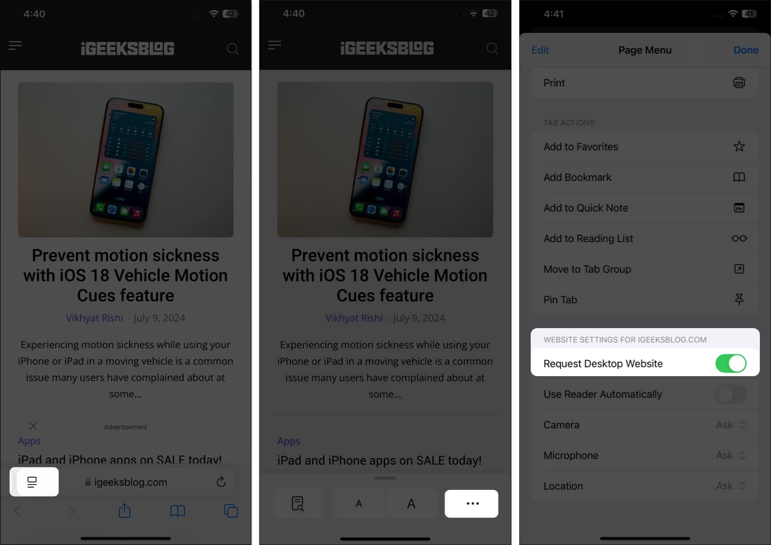 Request Desktop Website option for a website in Safari on an iPhone.