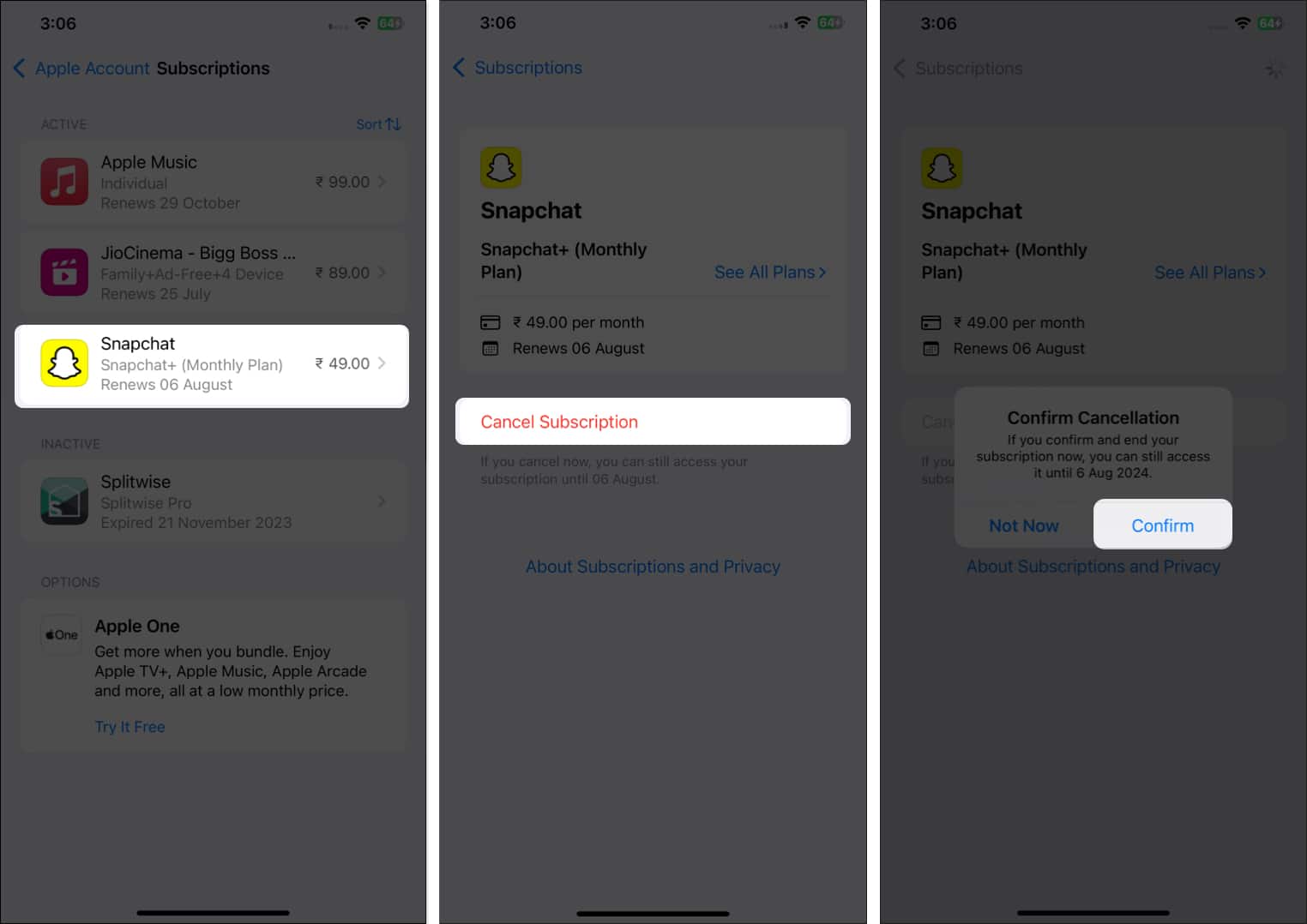 Cancel Subscription button on the Subscriptions page in iPhone Settings.